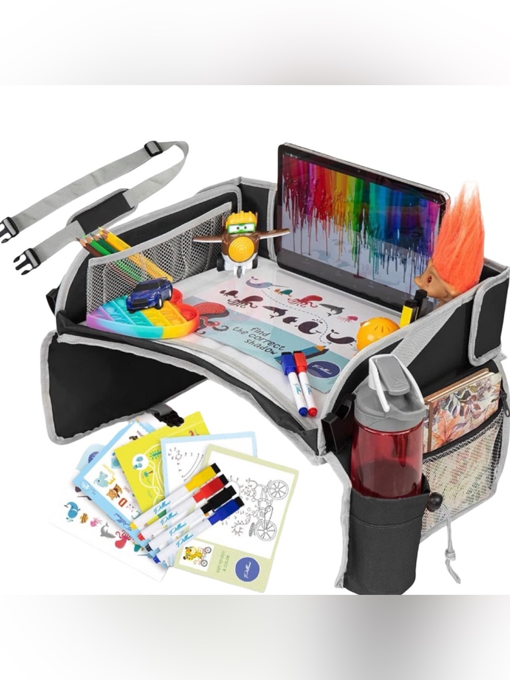 NEW PILLANI Kids Travel Tray Car Seat Lap Desk Dry Erase Tablet Holder Black
